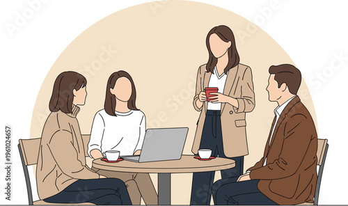 Successful diverse group of professional business people having creative meeting and collaboration using laptop computer in modern cafe setting while drinking coffee together