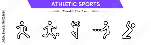 Athletic sports icons depicting fitness, training, competition, running, strength, endurance, teamwork, performance, speed, agility, exercise, energy, discipline, and achievement.