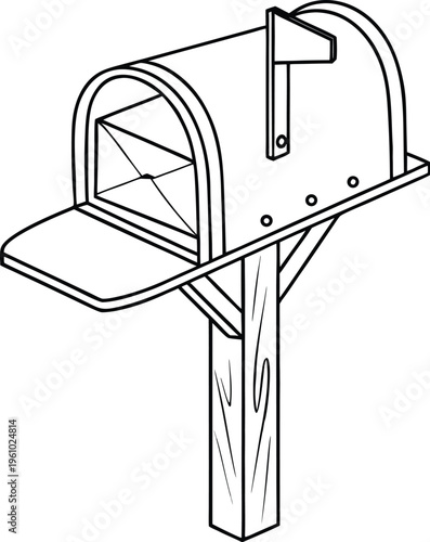 Classic American Mailbox Icon with Envelope Inside, Black and White Line Art