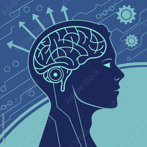 A human head with a brain and arrows coming out