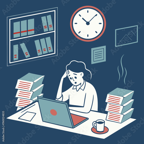 Overwhelmed worker with piles of books and papers