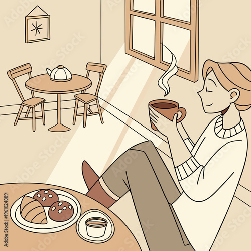A woman sitting at a table with a cup of coffee