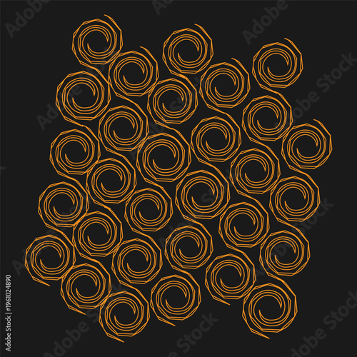 Orange lines swirl against a black background