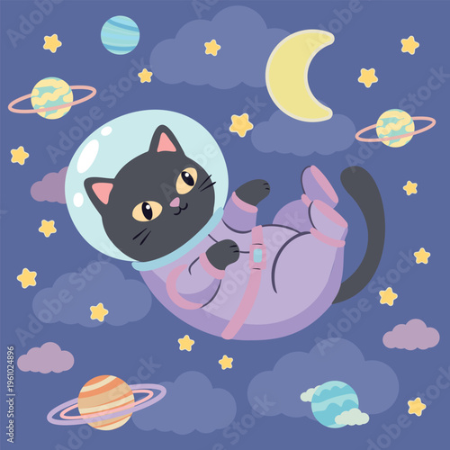 Cute Black Cat Astronaut Floating in Outer Space