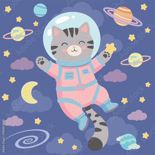Happy Tabby Cat Astronaut Catching a Star in Space