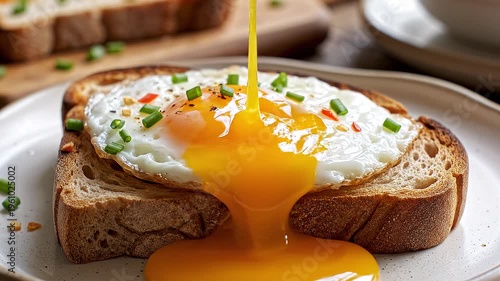 Vibrant yellow egg yolk breaking and oozing over a piece of toasted sourdough bread