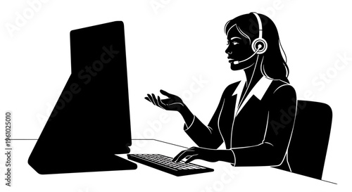 A black and white silhouette illustration of a professional customer service representative agent Vector, illustration