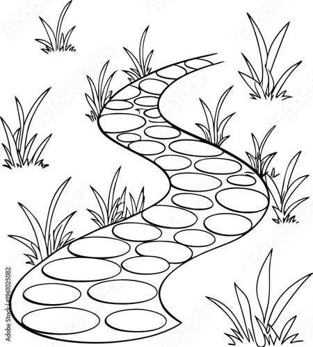 Black and white outline of a winding garden path made of stepping stones and grass