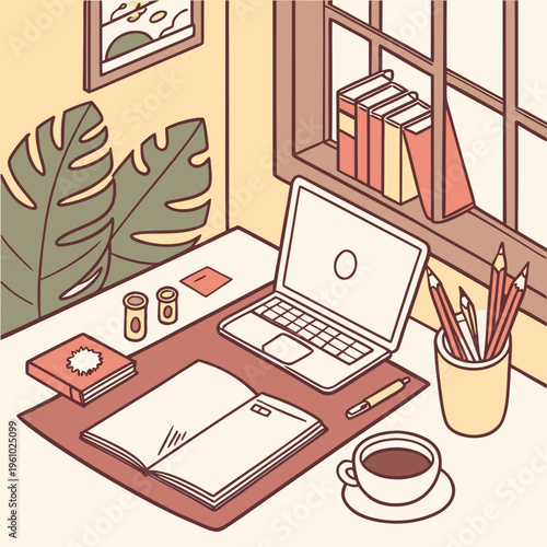 A desk with a laptop and office supplies