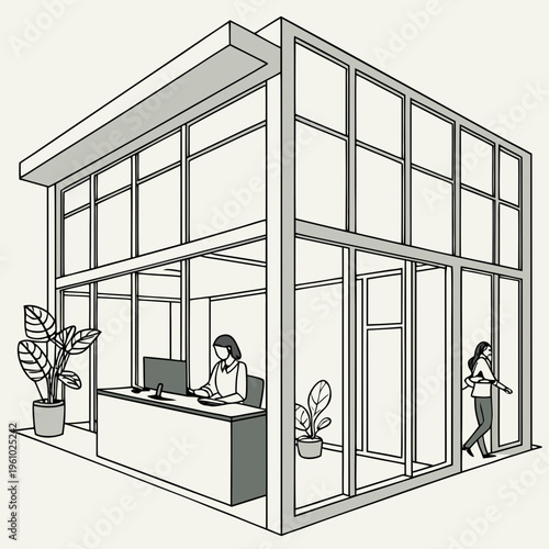 A woman works at a desk in a modern office cubicle