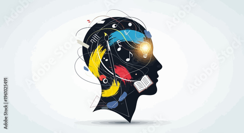 Abstract silhouette of a head with creative elements and ideas