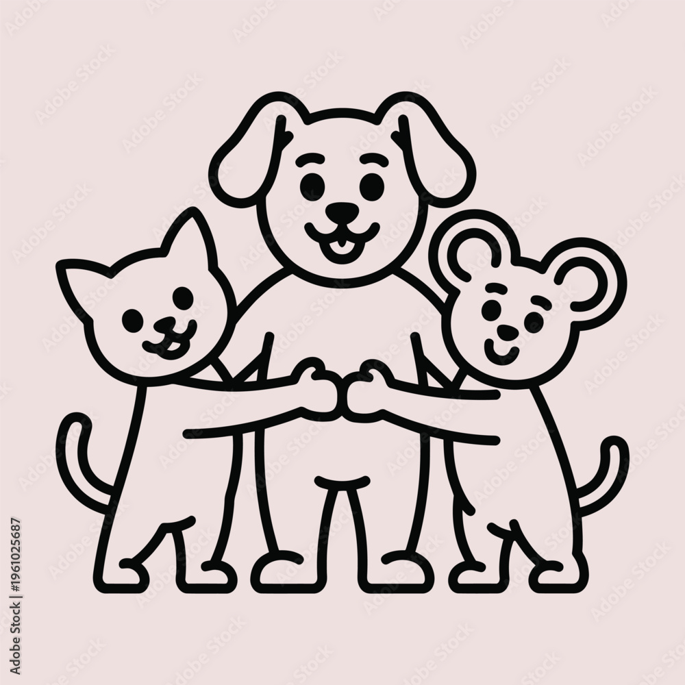 Naklejka premium Cute cat dog and mouse friends cartoon line art vector illustration. Perfect for children design pet themes nursery decor stickers t shirts and playful vector projects.