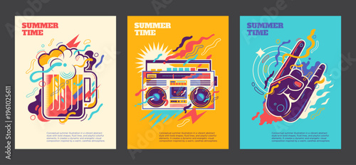 Conceptual set of colorful abstract summer posters with vibrant shapes. Vector illustration.