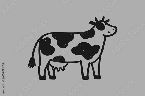 Cute hand drawn cow illustration in simple black line style with spots, minimal cartoon farm animal on gray background