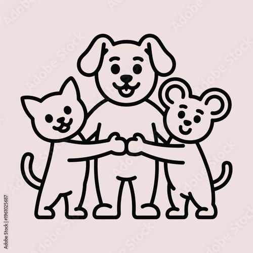 Cute cat dog and mouse friends cartoon line art vector illustration. Perfect for children design pet themes nursery decor stickers t shirts and playful vector projects.