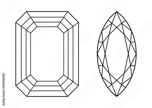 Diamond Emerald, Marquise cut shape. Diamond top view. Set of Marquis, Emerald brilliant cut patterns. Gemstone outline icon for jewellery design, branding, packaging, logo. Design flat diagram.
