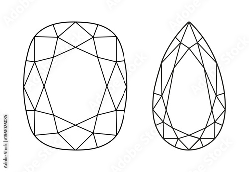 Cushion, pear diamond cut shape isolated on white background. Diamond top view. Pear, Cushion brilliant cut set.  Gemstone outline icon for jewellery design, branding, packaging, logo, digital graphic