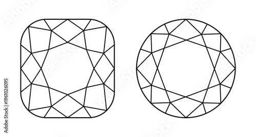 Diamond cushion angular, circle icon. Diamond black line flat style pattern. Set of logo round, cushion angular brilliant cut. Gemstone linear minimalist template. Classic diamond shape symbol.