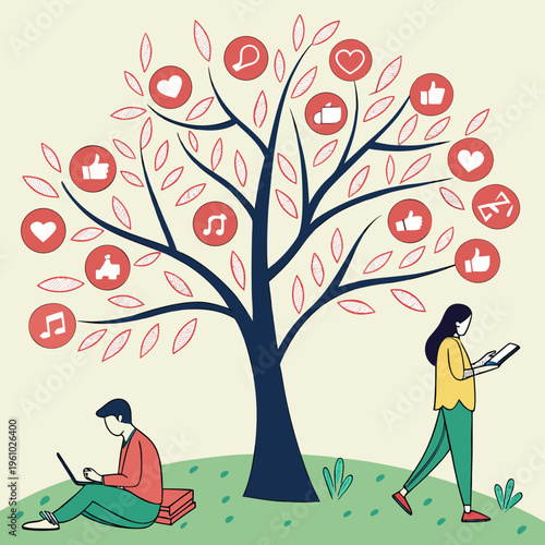 People using devices under a tree with social media icons