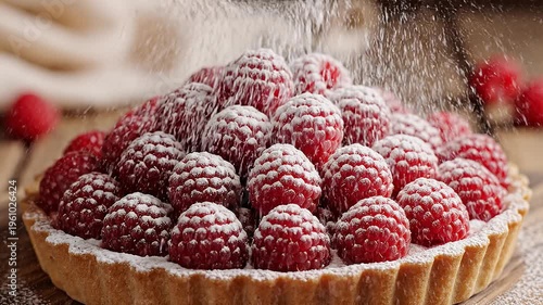 Fine white powdered sugar dusting over a pile of fresh raspberries on a tart