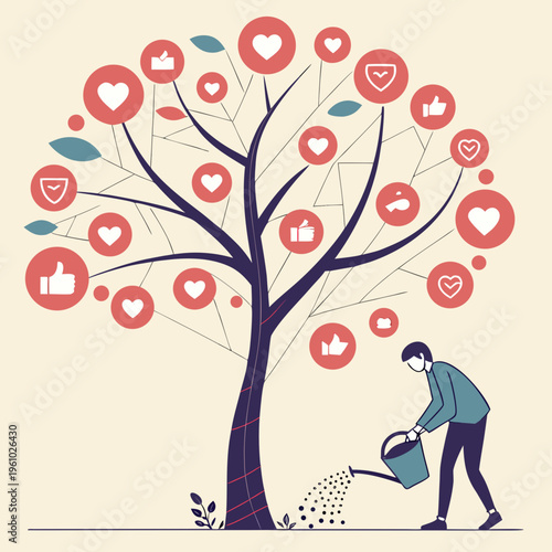 Man watering a tree with social media icons