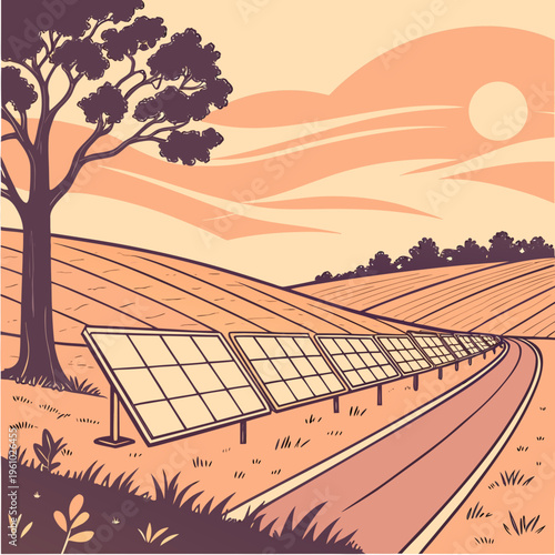 Solar panels on a rural road in a field