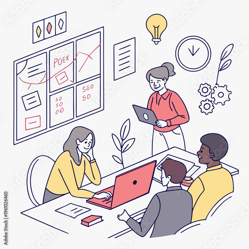 A group of people sitting around a table with laptops