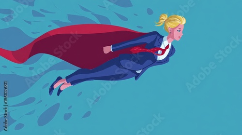 Superhero business woman flying cape success leadership achievement goals motivation power career professional female hero confident pose sky background vector illustration concept