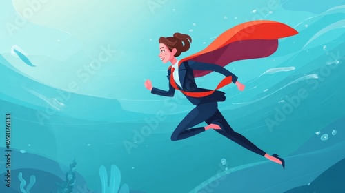 Superhero business woman flying cape success leadership achievement goals motivation power career professional female hero confident pose sky background vector illustration concept