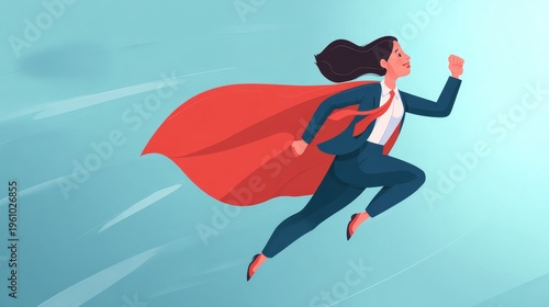 Superhero business woman flying cape success leadership achievement goals motivation power career professional female hero confident pose sky background vector illustration concept
