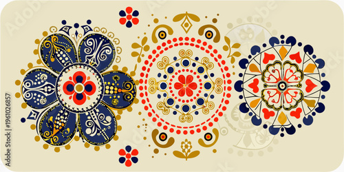 Colorful floral patterns and symmetrical designs create a vibrant artwork