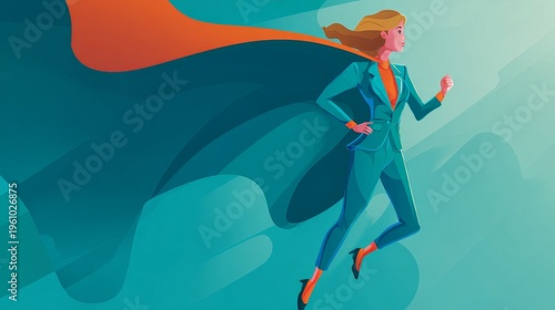 Superhero business woman flying cape success leadership achievement goals motivation power career professional female hero confident pose sky background vector illustration concept