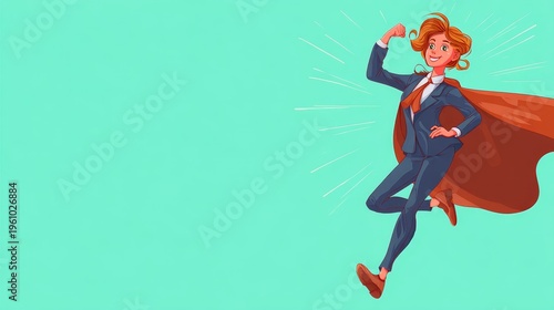 Superhero business woman flying cape success leadership achievement goals motivation power career professional female hero confident pose sky background vector illustration concept