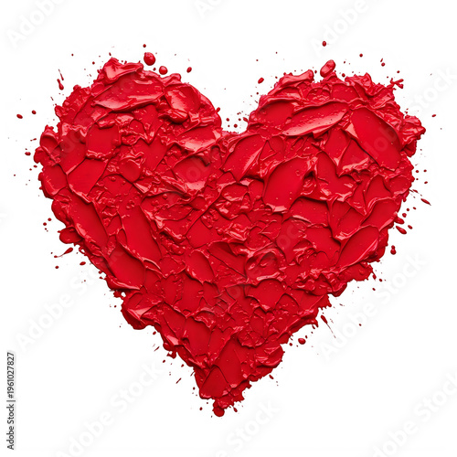 Vibrant red heart shape with textured paint splatter effect isolated on transparent background