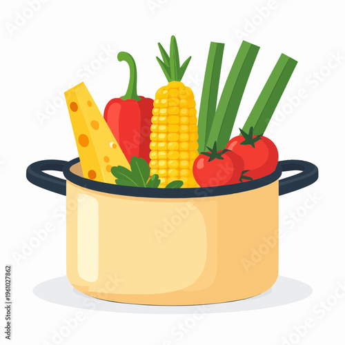 A yellow cooking pot filled with fresh vegetables, fruit, and cheese, ready for a healthy meal preparation.