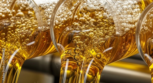 Abstract close-up of amber-colored industrial lubricant or oil flowing with bubbles.