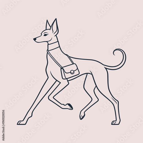 Elegant greyhound dog with crossbody bag line art fashion vector illustration. Ideal for pet fashion branding luxury animal design modern mascot concepts and stylish merchandise graphics.