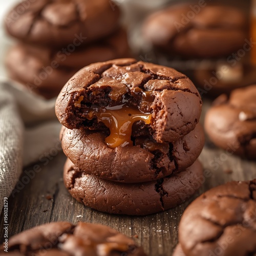 Close-Up 45° Shot of Gooey Salted Caramel Chocolate Cookies on Rustic Table