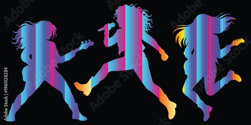  Musician Silhouettes Rock Band Guitarist Singer Jumping Dance with Neon Gradient Vector Illustration.