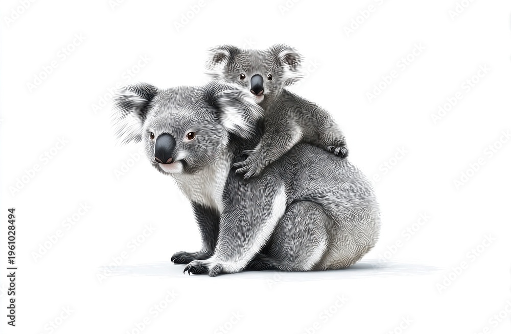 Fototapeta premium Cute koala mother tenderly carrying her adorable joey in serene monochrome art