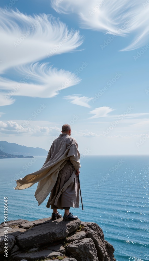 Fototapeta premium Stoic Samurai Monk-like Figure Poised on a Weathered Precipice, Gazing at the Majestic Sea of Japan Beneath a Cerulean Obon Sky