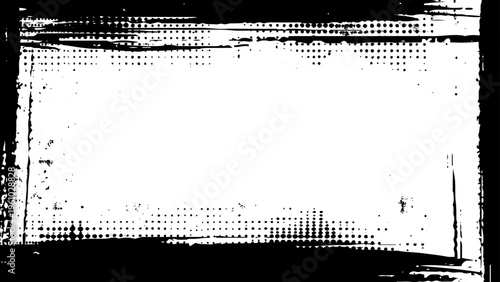 Texture of black lines, scratches, dots on white background. A square grunge frame with a black and white halftone dot texture
