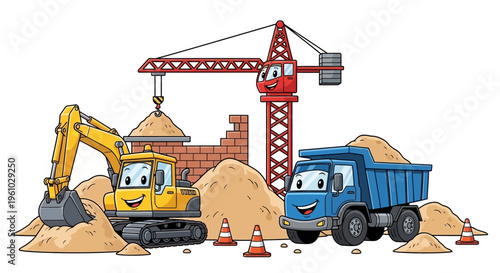Cartoon construction site with excavator crane and dump truck building infrastructure with happy machines