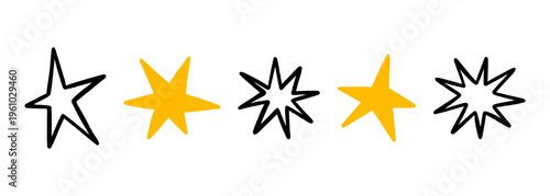 Stars, crayon hand drawn twinkle symbols. Shine, spark or light chalk elements. Line art and silhouettes sparkle icons on a transparent bg. Doodle gold and black glitter sparks, vector illustration