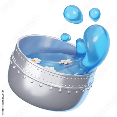 Thai Songkran silver bowl with water splashing and floating jasmine flower 3D illustration isolated