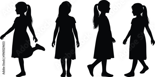 Silhouettes of young girl in different poses, walking and standing, isolated on white background, cad drawing flat vector illustration, child.