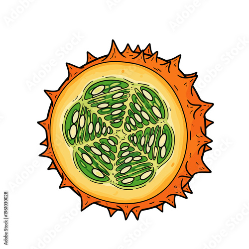 kiwano melon half with orange spiked skin and green pulp isolated transparent background cut-out PNG file