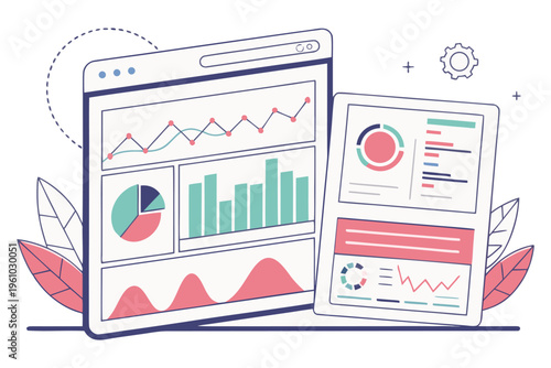 Business Data Analytics Dashboard with Charts, Graphs and Woman Analyst Vector Illustration