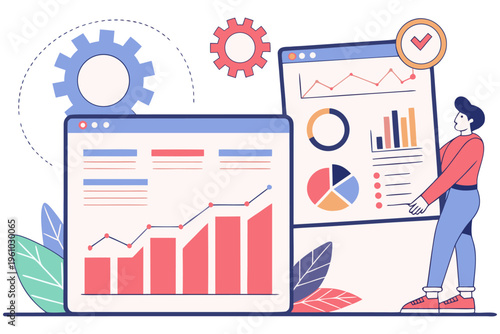 Business Data Analytics Dashboard with Charts, Graphs and Woman Analyst Vector Illustration