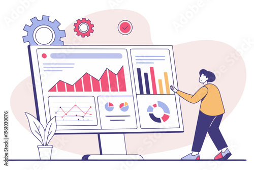 Business Data Analytics Dashboard with Charts, Graphs and Woman Analyst Vector Illustration